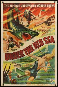3b919 UNDER THE RED SEA style A 1sh '52 cool art of scuba divers & sexy swimmer fighting shark!