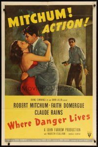 3b953 WHERE DANGER LIVES style A 1sh '50 art of Robert Mitchum holding Faith Domergue + Rains w/gun