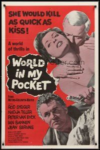 3b984 WORLD IN MY POCKET 1sh '62 Rod Steiger, the kiss & kill doll, girl-trap to steal a million!