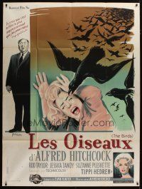 3c336 BIRDS French 1p '63 different Grinsson art with Tandy, Tippi Hedren & Alfred Hitchcock!