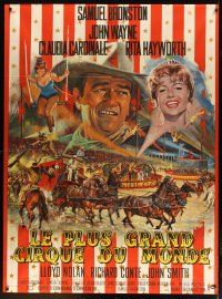 3c360 CIRCUS WORLD French 1p '65 best art of Claudia Cardinale & John Wayne by Jean Mascii!