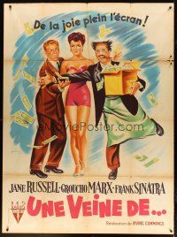3c382 DOUBLE DYNAMITE French 1p '51 different Grinsson art of Groucho Marx, Jane Russell & Sinatra