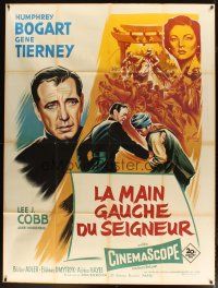 3c491 LEFT HAND OF GOD French 1p '55 Grinsson art of priest Humphrey Bogart & sexy Gene Tierney!