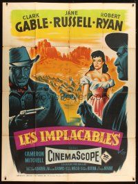 3c618 TALL MEN French 1p '55 Boris Grinsson art of Clark Gable, sexy Jane Russell & Robert Ryan!