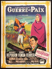 3c645 WAR & PEACE style B French 1p '56 different Grinsson art of Audrey Hepburn, Fonda & Ferrer!