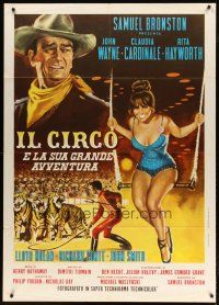 3c158 CIRCUS WORLD Italian 1p R70s different art of sexy Claudia Cardinale & John Wayne!
