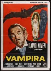 3c245 OLD DRACULA Italian 1p '75 art of wacky vampire David Niven, plus bat & sexy girl in coffin!
