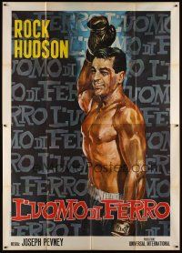 3c064 IRON MAN Italian 2p R66 best completely different art of boxer Rock Hudson top-billed!