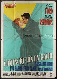 3c065 IT STARTED WITH A KISS Italian 2p '59 art of Glenn Ford & Debbie Reynolds behind curtain!