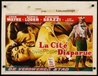 3e698 LEGEND OF THE LOST Belgian '57 romantic art of John Wayne tangling with sexy Sophia Loren!