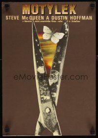 3e152 PAPILLON Czech 11x16 '74 Steve McQueen, great different Ziegler art of scissors & butterfly!