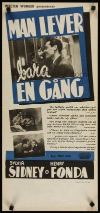 3e098 YOU ONLY LIVE ONCE Swedish stolpe '37 Fritz Lang film noir, Henry Fonda, Sylvia Sidney
