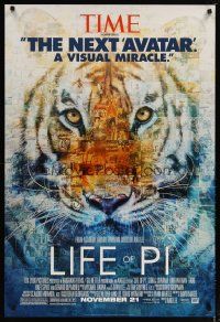 3f478 LIFE OF PI style B advance DS 1sh '12 Suraj Sharma, Irrfan Khan, cool collage image of tiger!