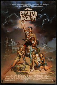3f554 NATIONAL LAMPOON'S EUROPEAN VACATION 1sh '85 Vallejo art of Chevy Chase, Beverly D'Angelo!