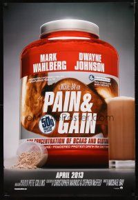 3f579 PAIN & GAIN teaser DS 1sh '13 Wahlberg, Dwayne Johnson, cool image of protein powder!
