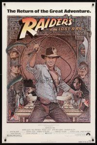 3f627 RAIDERS OF THE LOST ARK 1sh R82 great art of adventurer Harrison Ford by Richard Amsel!