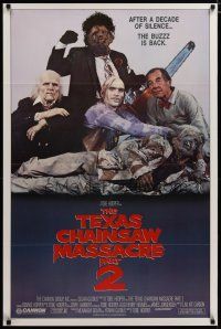 3f763 TEXAS CHAINSAW MASSACRE PART 2 family style 1sh '86 Tobe Hooper horror sequel, cast portrait!