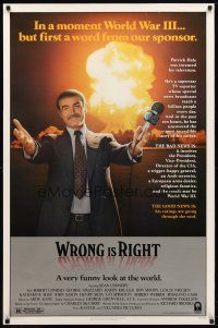3f839 WRONG IS RIGHT 1sh '82 TV reporter Sean Connery in front of nuclear explosion!