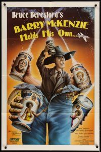 3h101 BARRY MCKENZIE HOLDS HIS OWN 1sh '85 wacky art of man in too-big blue jeans, beer cans!