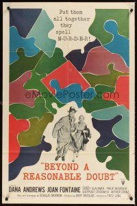 3h121 BEYOND A REASONABLE DOUBT 1sh '56 Fritz Lang noir, Dana Andrews & Joan Fontaine, cool art!
