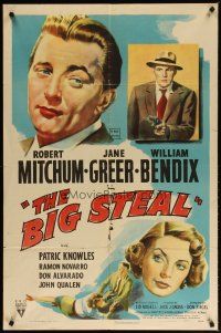 3h132 BIG STEAL style A 1sh '49 art of Robert Mitchum, Jane Greer & William Bendix with gun!
