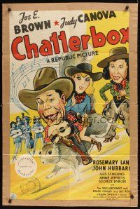 3h231 CHATTERBOX 1sh '43 wonderful cartoon art of cowboy Joe E. Brown & cowgirl Judy Canova!