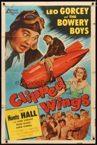 3h246 CLIPPED WINGS 1sh '53 Bowery Boys, wacky image of Leo Gorcey watching Huntz Hall riding a bomb