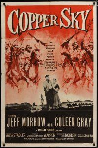 3h261 COPPER SKY 1sh '57 Jeff Morrow trapped under a flaming sky of hate, Apache Indians!
