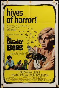3h285 DEADLY BEES 1sh '67 hives of horror, fatal stings, image of sexy near-naked girl attacked!