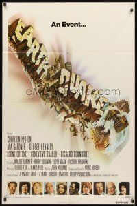 3h310 EARTHQUAKE 1sh '74 Charlton Heston, Ava Gardner, cool Joseph Smith disaster title art!