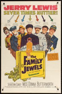 3h337 FAMILY JEWELS 1sh '65 Jerry Lewis is seven times nuttier in seven roles, wacky art!