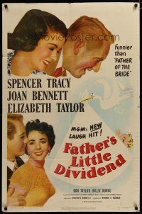 3h341 FATHER'S LITTLE DIVIDEND 1sh '51 art of Elizabeth Taylor, Spencer Tracy & Joan Bennett!