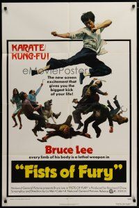 3h349 FISTS OF FURY 1sh '73 Bruce Lee gives you biggest kick of your life, kung fu image!