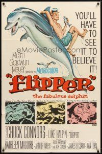 3h353 FLIPPER 1sh '63 Chuck Connors, Luke Halpin, cool art of boy & dolphin!