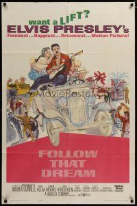 3h354 FOLLOW THAT DREAM 1sh '62 great art of Elvis Presley playing guitar in car with girl!