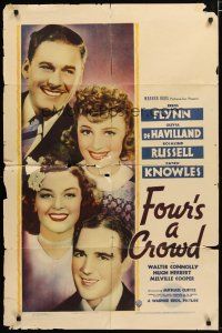 3h358 FOUR'S A CROWD 1sh '38 Errol Flynn, Olivia de Havilland, Rosalind Russell, Patric Knowles