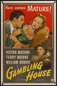 3h376 GAMBLING HOUSE 1sh '51 art of Victor Mature lusting after Terry Moore, plus William Bendix!
