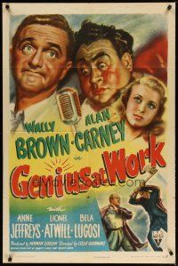 3h381 GENIUS AT WORK style A 1sh '46 art of Bela Lugosi with axe, Brown & Carney are nutty sleuths!