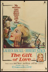 3h384 GIFT OF LOVE 1sh '58 great romantic close up art of Lauren Bacall & Robert Stack!