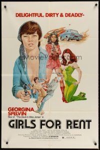 3h387 GIRLS FOR RENT 1sh '74 art of sexy bad girl Georgina Spelvin, delightful, dirty & deadly!