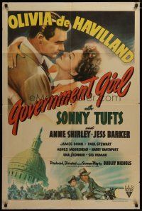 3h402 GOVERNMENT GIRL 1sh '43 art of Olivia de Havilland & Sonny Tufts in Washington D.C.!