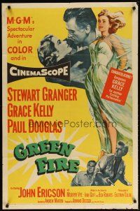 3h410 GREEN FIRE 1sh '54 art of beautiful full-length Grace Kelly & Stewart Granger!
