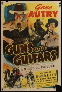 3h418 GUNS & GUITARS 1sh R45 art of cowboy Gene Autry & Smiley Burnette singing & w/bad guys!
