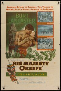 3h452 HIS MAJESTY O'KEEFE 1sh '54 artwork of Burt Lancaster & sexy Joan Rice in Fiji!