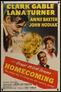 3h459 HOMECOMING 1sh '48 close up art of Clark Gable & Lana Turner, Anne Baxter, John Hodiak
