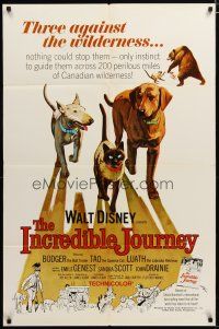 3h486 INCREDIBLE JOURNEY 1sh '63 Disney, art of Bull Terrier, Siamese cat & Labrador Retriever!