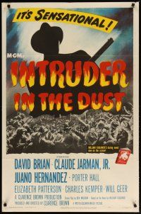 3h493 INTRUDER IN THE DUST 1sh '49 William Faulkner, silhouette of man with rifle over huge crowd!