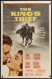 3h533 KING'S THIEF 1sh '55 Ann Blyth romancing Edmund Purdom & art of masked Purdom on horse!