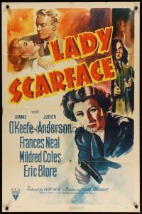 3h545 LADY SCARFACE style A 1sh '41 great close up art of master criminal Judith Anderson with gun!