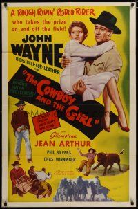 3h546 LADY TAKES A CHANCE 1sh R54 Jean Arthur & John Wayne, The Cowboy & The Girl!